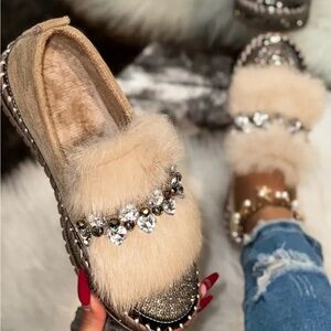 NWT Beige Fur-Trimmed Women's Loafers